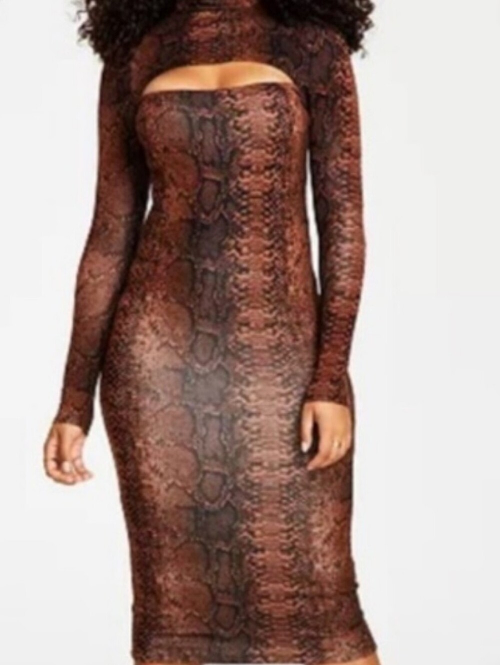 Bar III Brown Snake-Print Cutout Long-Sleeve Bodycon Dress